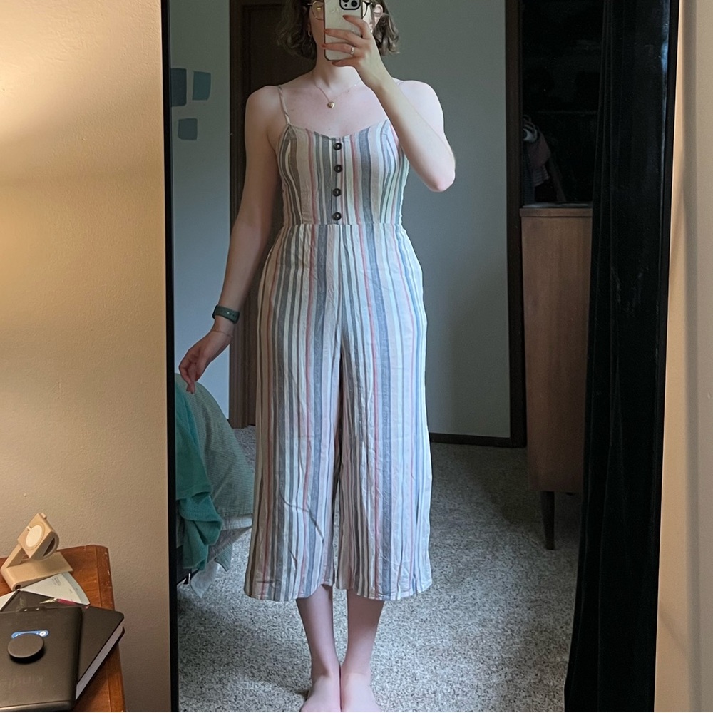 Muted Pastel Striped Linen Blend Jumpsuit